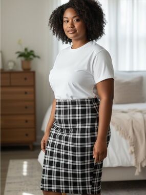 SHEIN Black and White Plaid High-Rise Pencil Skirt
